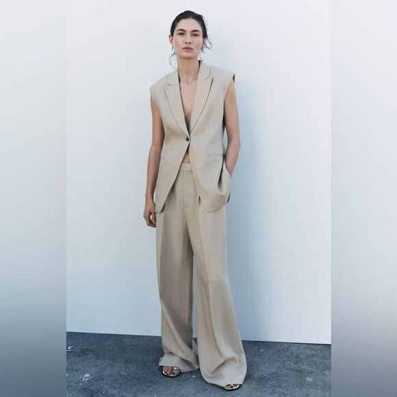 Zara Pants - NWT ZARA High Waist Linen Blend Darted Trouser Pant in Camel Size XL